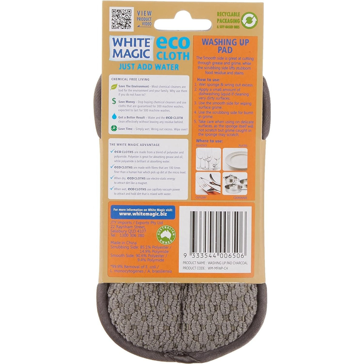 White Magic Washing Up Pad Charcoal 1Pk Pack of 7
