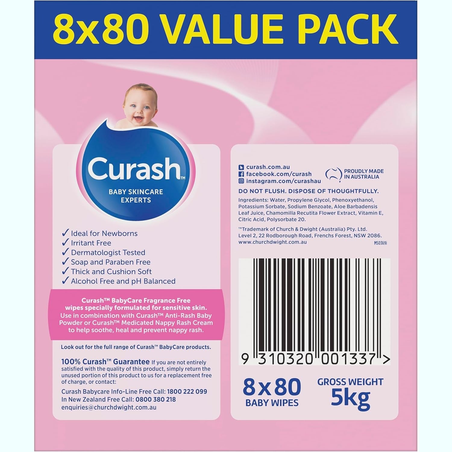 Curash Fragrance Free Baby Wipes 8 X 80 Pack