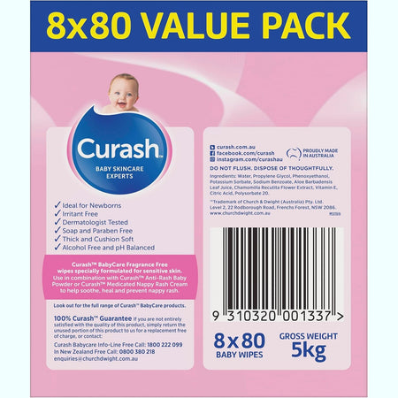 Curash Fragrance Free Baby Wipes 8 X 80 Pack