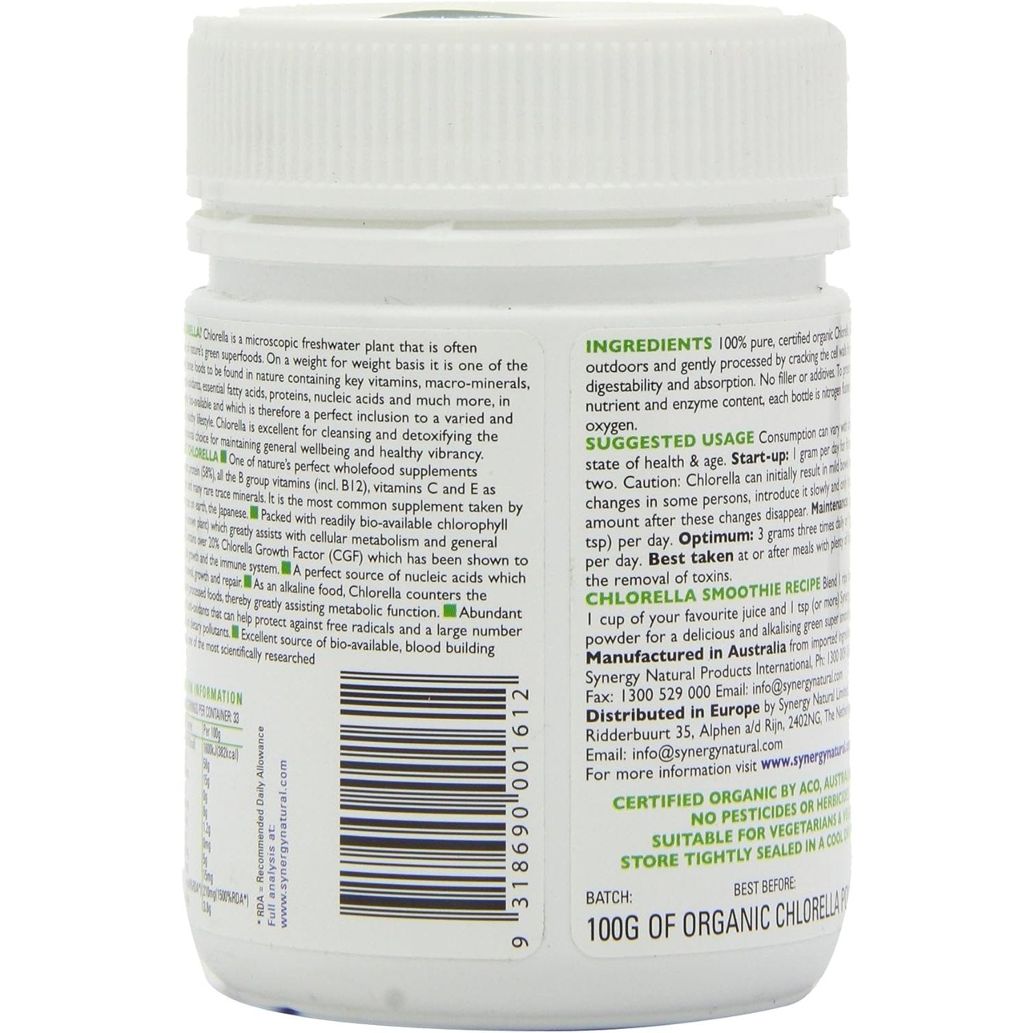 Synergy Natural Organic Chlorella Powder 100g