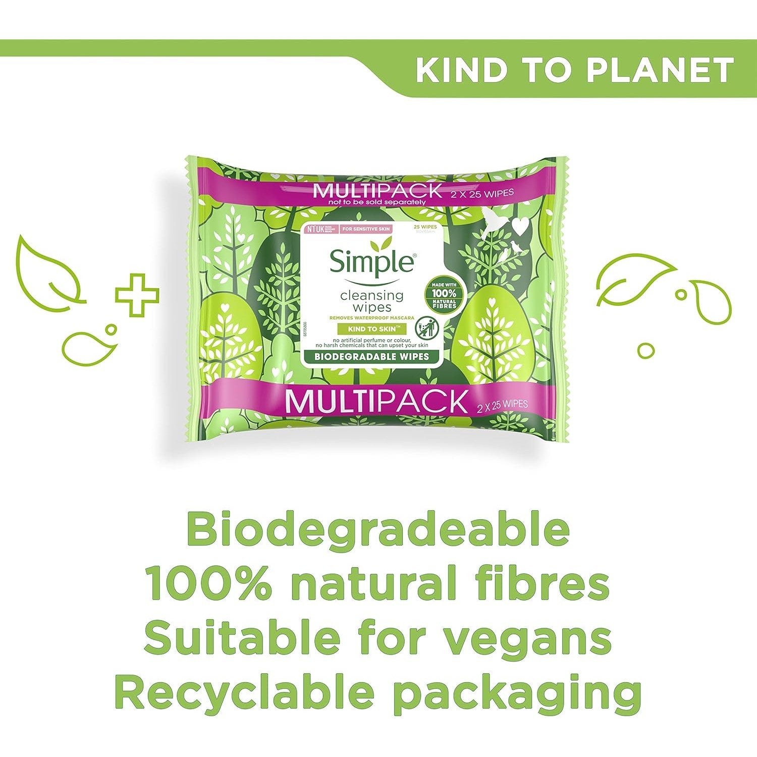 Simple Biodegradable Facial Wipes 2 X 25 Wipes