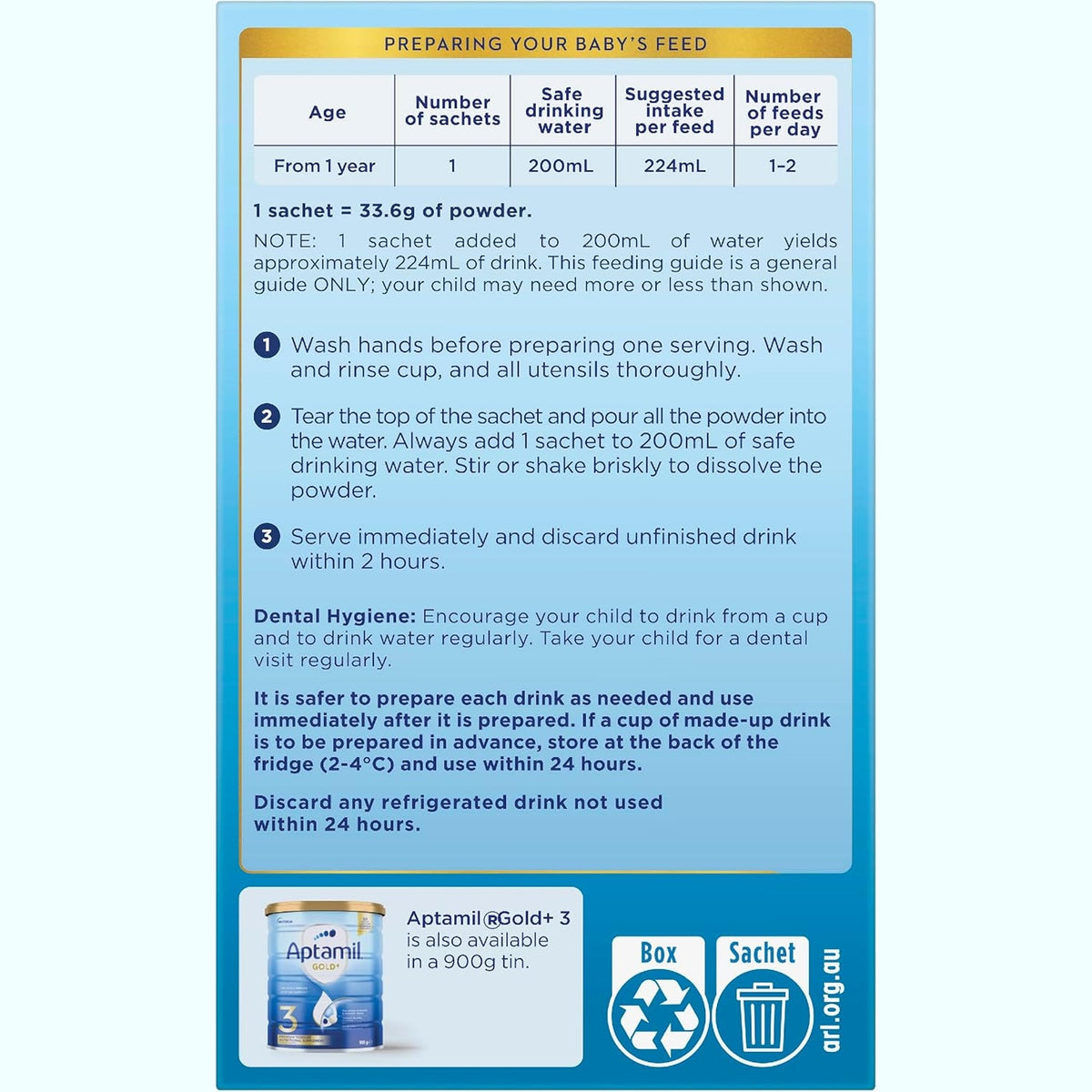 Aptamil Gold+ 3 Toddler Milk Drink Powder Sachets From 1 Year 4 Pack 38.0g