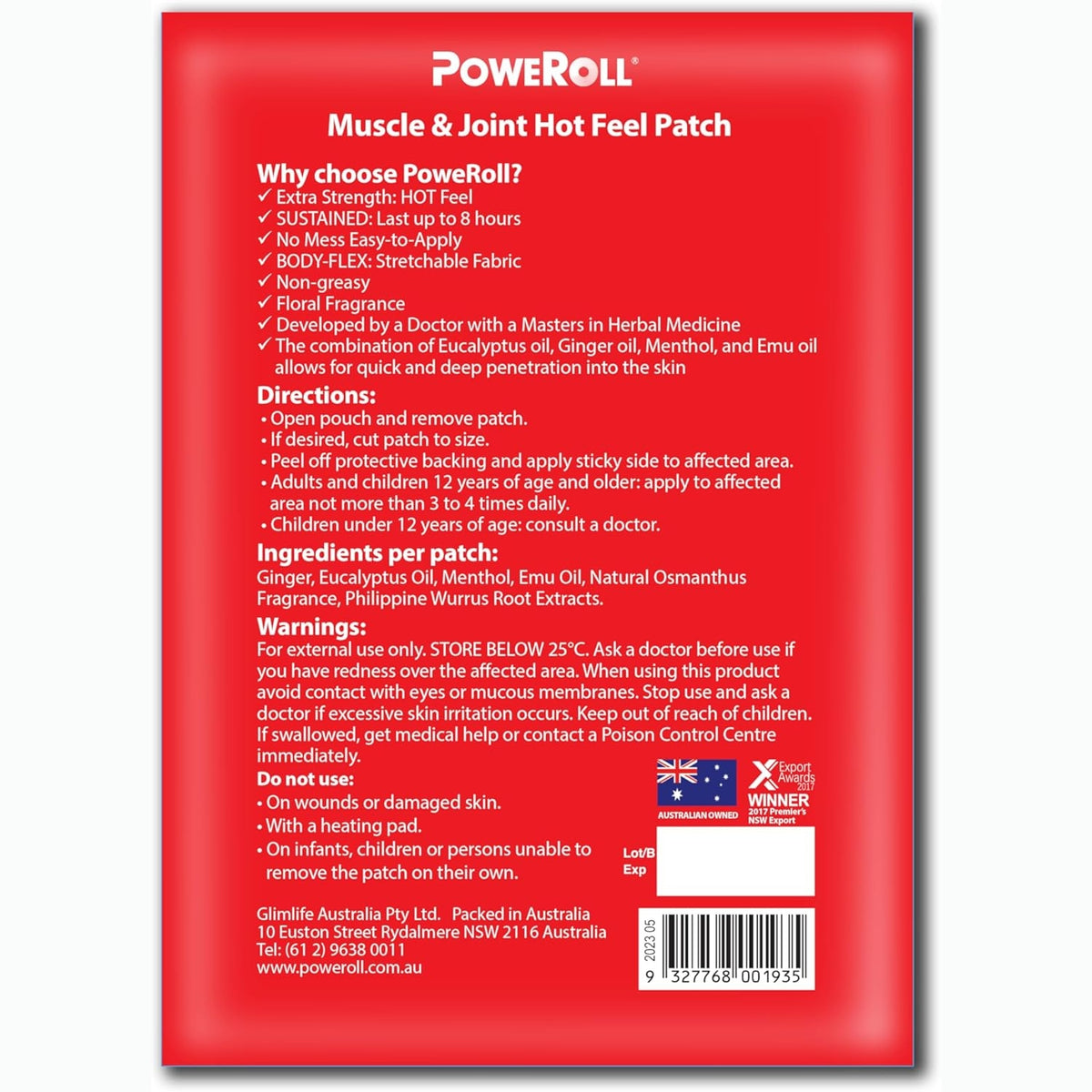 PoweRoll Muscle & Joint Hot Feel Patch x 3 Pack