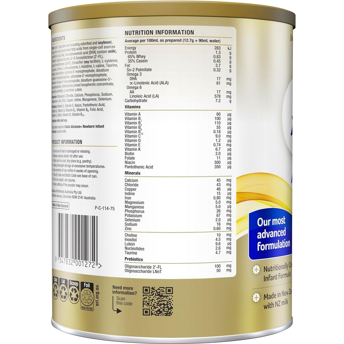 Alula Advance+ Stage 1 Premium Newborn Infant Formula 0-6 Months 800g