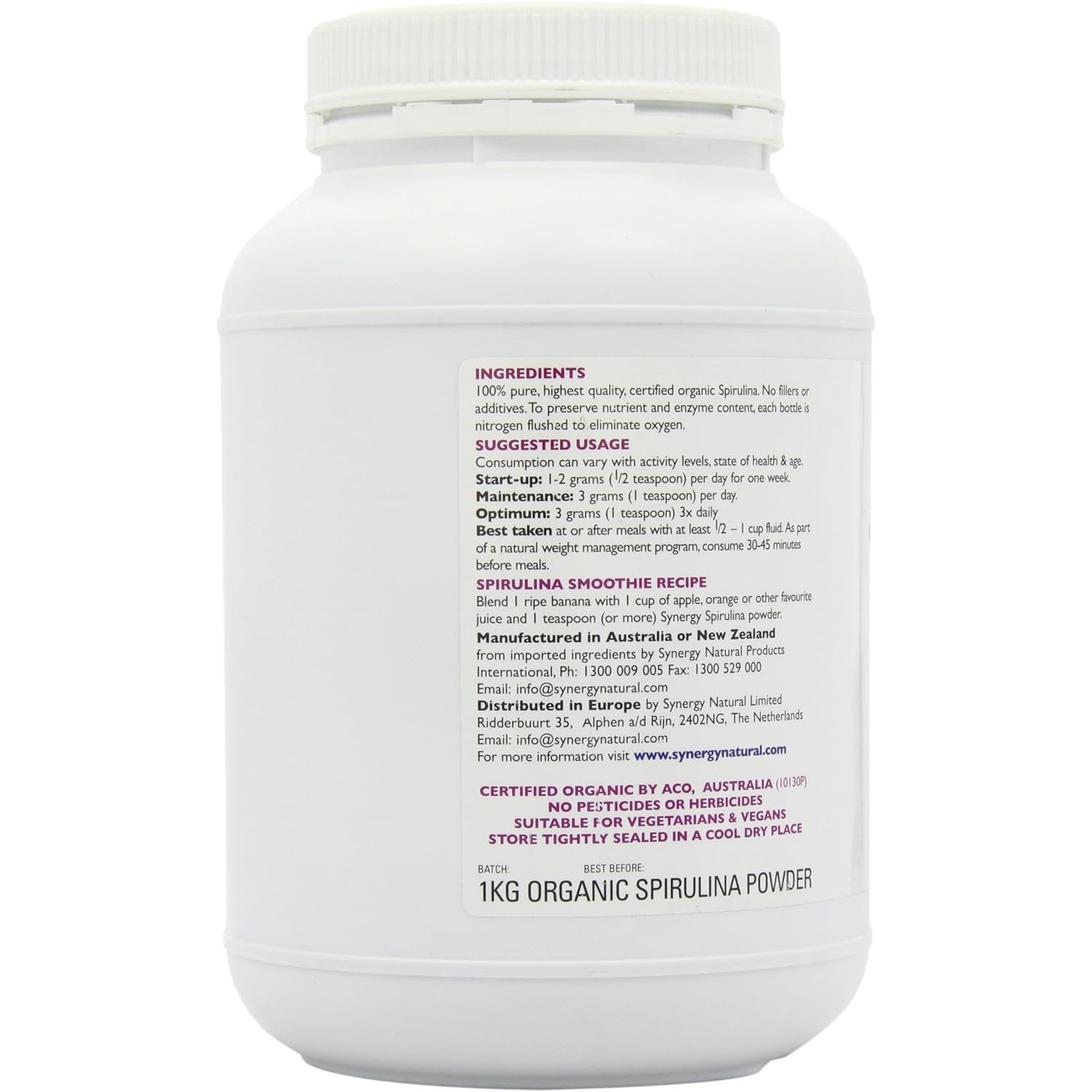 Synergy Natural Organic Spirulina Powder 1kg
