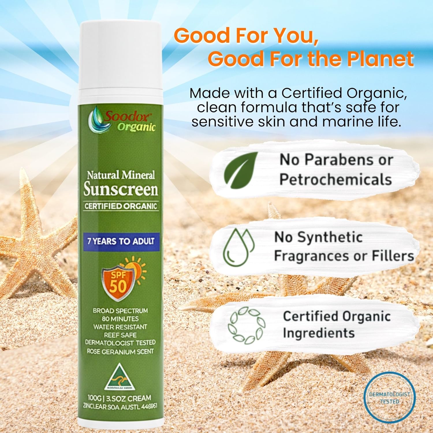 SOODOX Natural Mineral Sunscreen 7 Years to Adult SPF50 100g