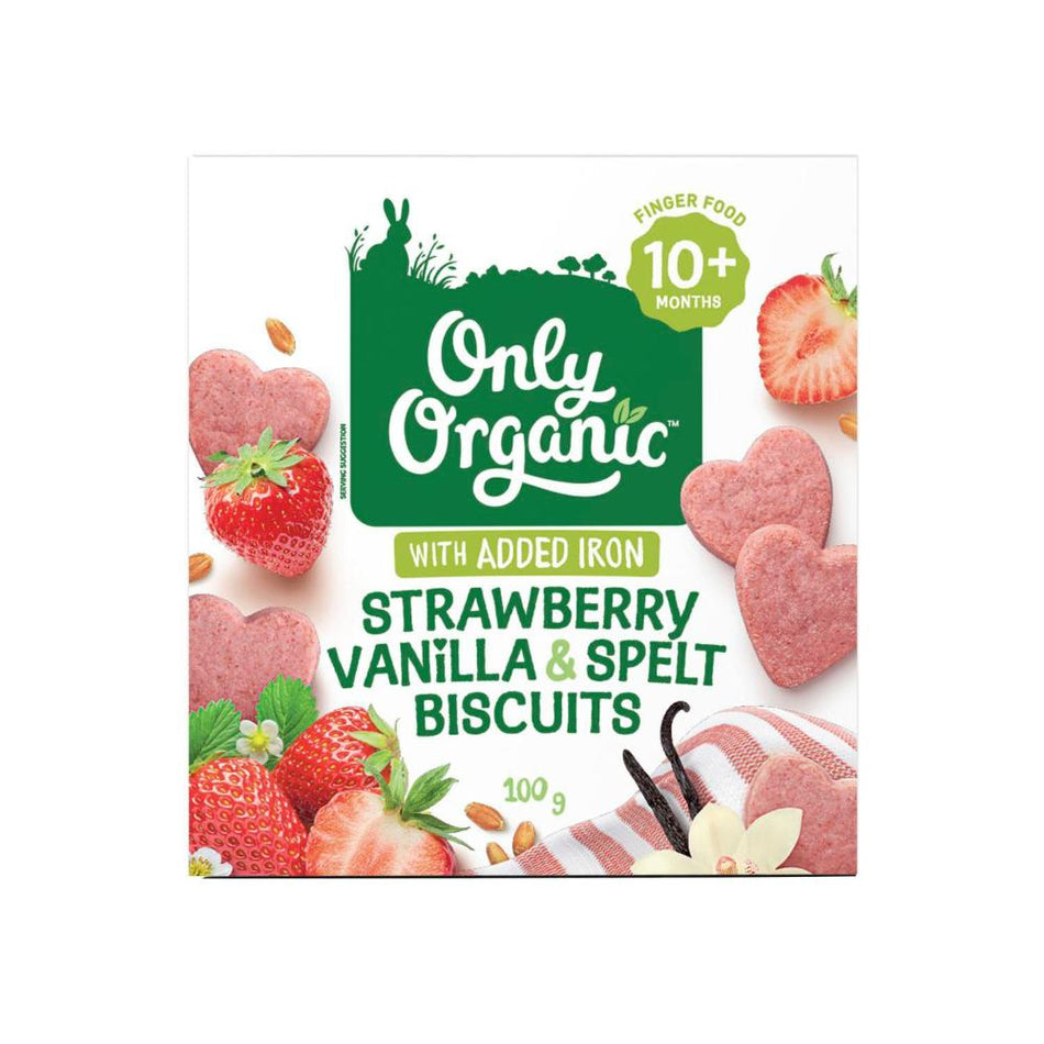 Only Organic 10 Months+ Strawberry Vanilla & Spelt Biscuits 100g Pack of 6