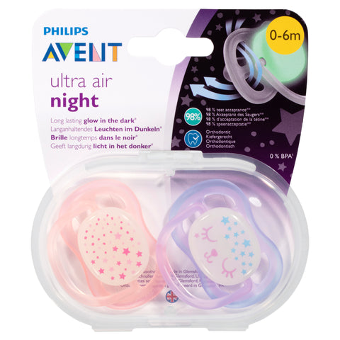 Avent Ultra Air Night Soother 0-6 Months 2 Pack (colour/design may vary and may be different to pictured)