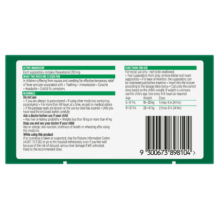 Panadol Child Suppositories 5-12 Years 10 Pack