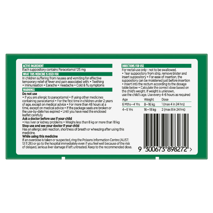 Panadol Child Suppositories 6 Months-5 Years 10 Pack