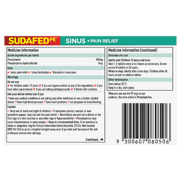 Sudafed Pe Sinus & Pain 16 Tablets