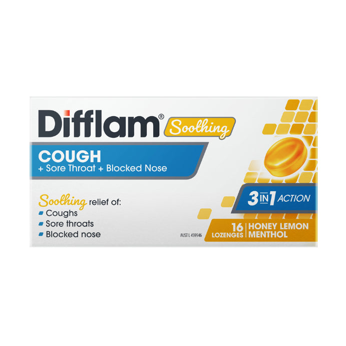 Difflam Soothing Cough + Sore Throat + Blocked Nose Honey Lemon Menthol 16 Lozenges