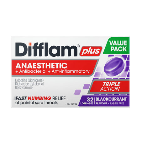 Difflam Plus Anaesthetic + Anti-inflammatory + Antibacterial Blackcurrant Flavour 32 Lozenges