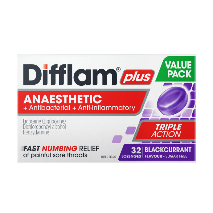Difflam Plus Anaesthetic + Anti-inflammatory + Antibacterial Blackcurrant Flavour 32 Lozenges