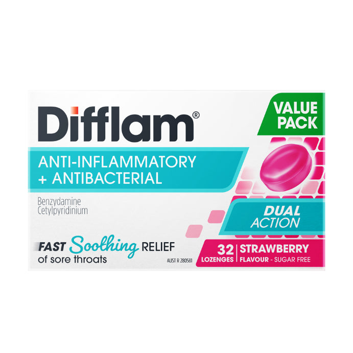 Difflam Anti-inflammatory + Antibacterial Value Pack Strawberry Flavour 32 Lozenges
