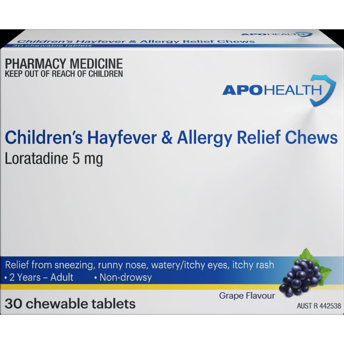 Apo Health Hayfever and Allergy Relief Chewable 30 Tablets Blister Pack.