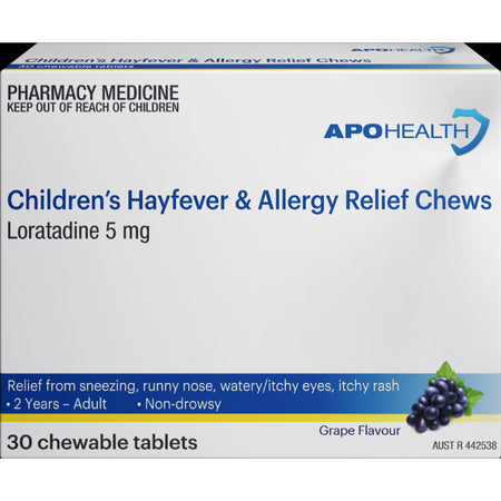 Apo Health Hayfever and Allergy Relief Chewable 30 Tablets Blister Pack.
