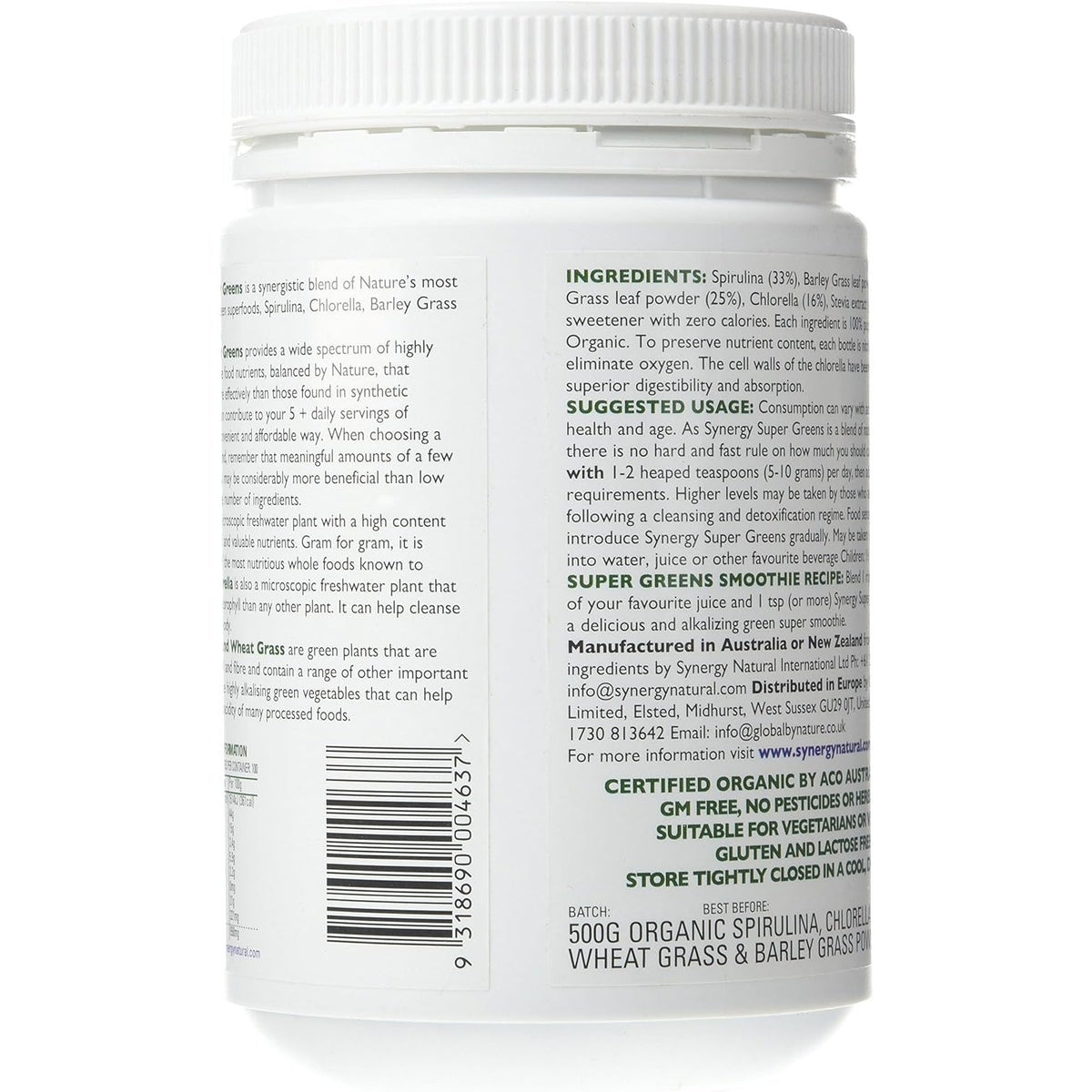 Synergy Natural Organic Super Greens Spirulina, Chlorella, Barley Grass & Wheat Grass Powder 500g
