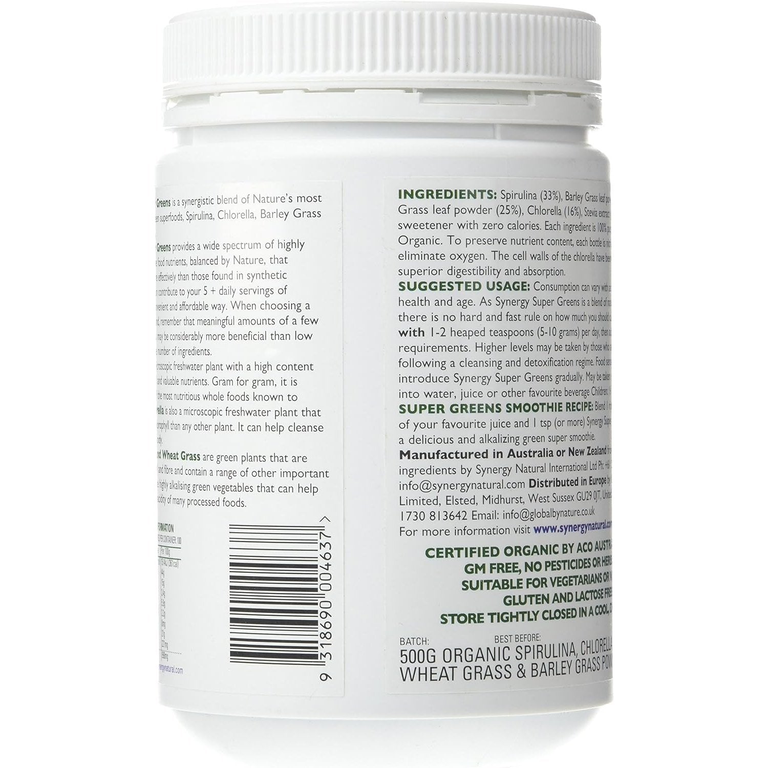 Synergy Natural Organic Super Greens Spirulina, Chlorella, Barley Grass & Wheat Grass Powder 500g