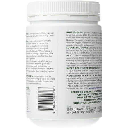 Synergy Natural Organic Super Greens Spirulina, Chlorella, Barley Grass & Wheat Grass Powder 500g