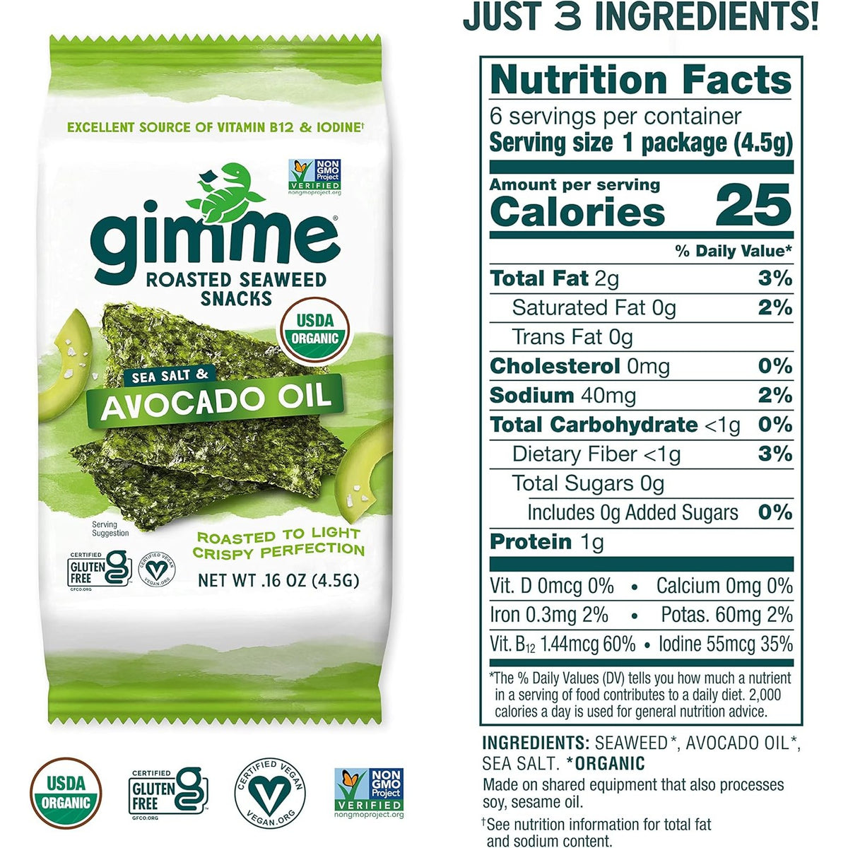 GIMME Roasted Seaweed Snacks Sea Salt & Avocado Oil 6x4.5g