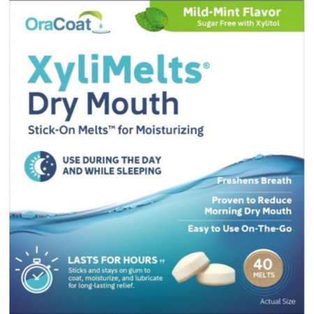 OraCoat XyliMelts Dry Mouth product packaging with text and graphics on a white background