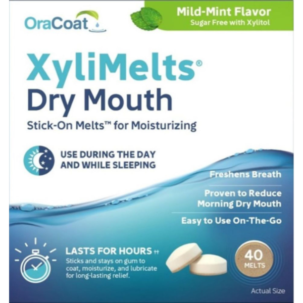 OraCoat XyliMelts Dry Mouth product packaging with text and graphics on a white background
