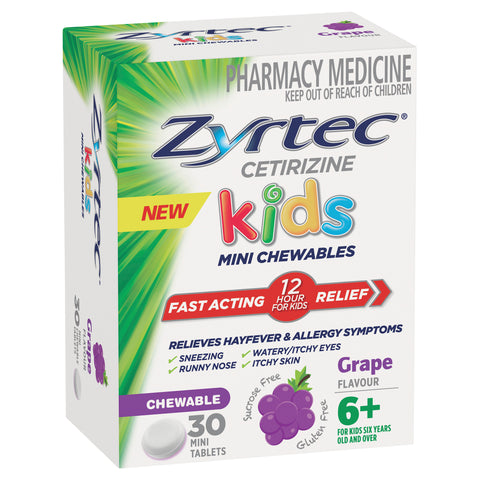 Zyrtec Kids Antihistamine Allergy & Hayfever Chewable Tablet Grape 30 Pack