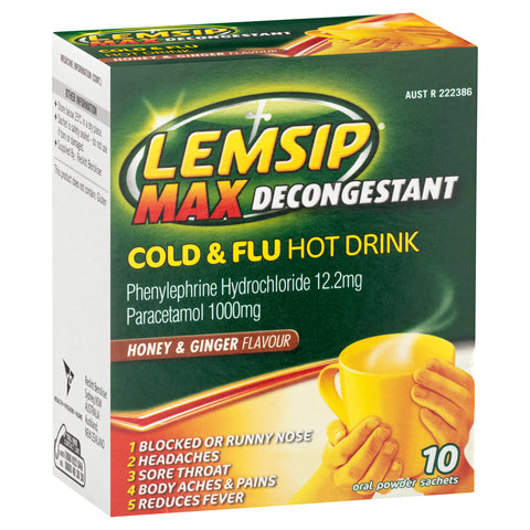 Lemsip Max Cold & Flu Hot Drink with Decongestant Honey and Ginger 10 Sachets