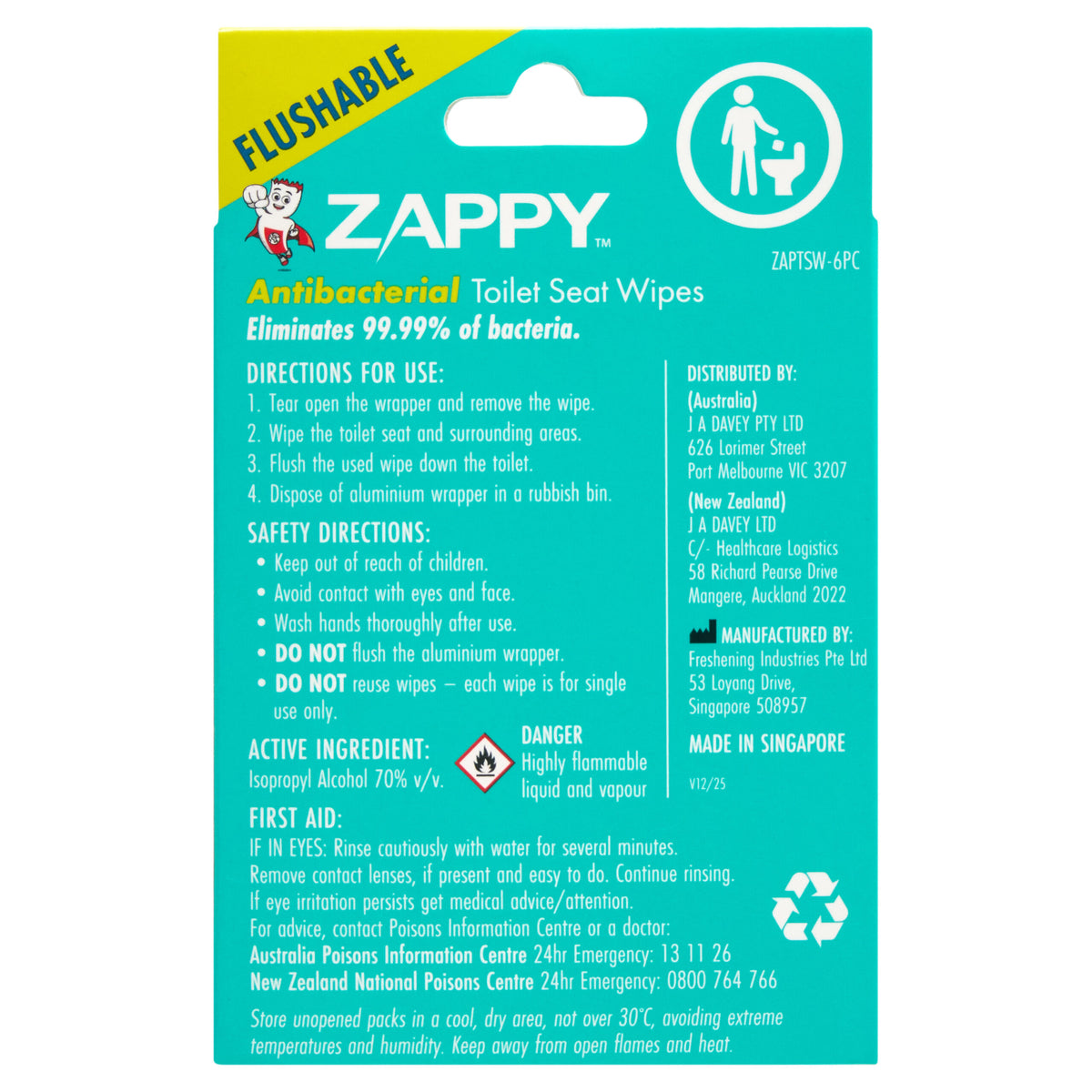Zappy Antibacterial toilet Seat Wipes 6 Pack