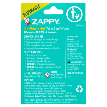 Zappy Antibacterial toilet Seat Wipes 6 Pack