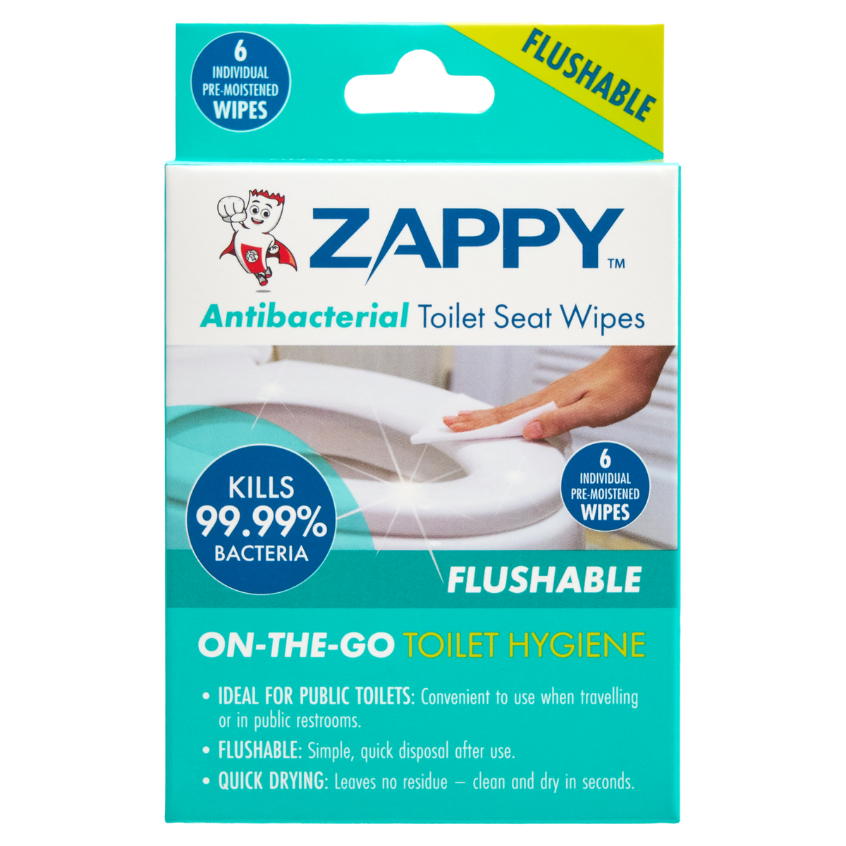 Zappy Antibacterial toilet Seat Wipes 6 Pack