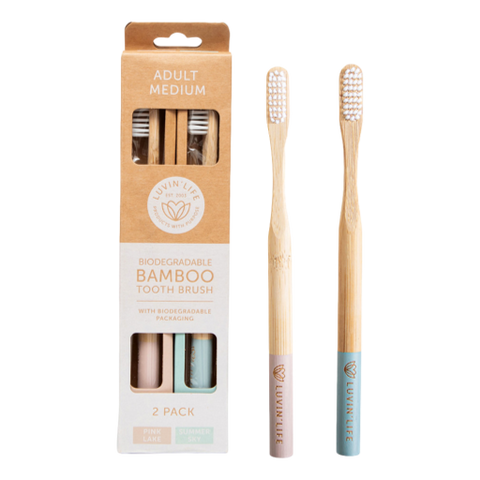 Luvin' Life Biodegradable Bamboo Toothbrush Adult Medium (2 Colour Pack) Pink Lake & Summer Sky x 2 Pack