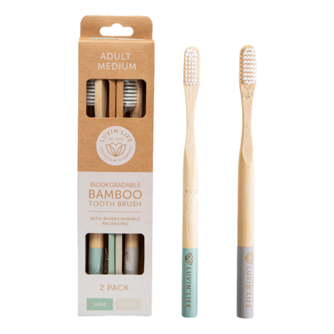 Luvin' Life Biodegradable Bamboo Toothbrush Adult Medium (2 Colour Pack) Sage & Mist x 2 Pack