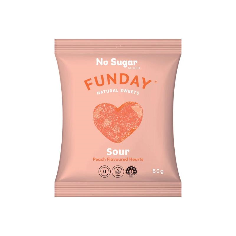 Funday Natural Sweets Gummy Hearts Sour Peach 50g (Pack of 12)