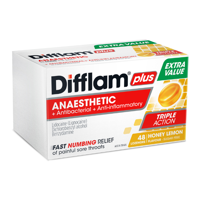 Difflam Plus Anaesthetic + Antibacterial + Anti-Inflammatory Honey Lemon Flavour 48 Lozenges
