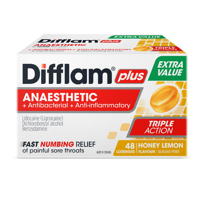 Difflam Plus Anaesthetic + Antibacterial + Anti-Inflammatory Honey Lemon Flavour 48 Lozenges