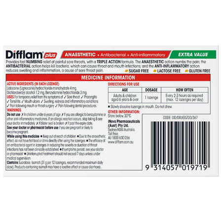 Difflam Plus Anaesthetic + Antibacterial + Anti-Inflammatory Honey Lemon Flavour 48 Lozenges