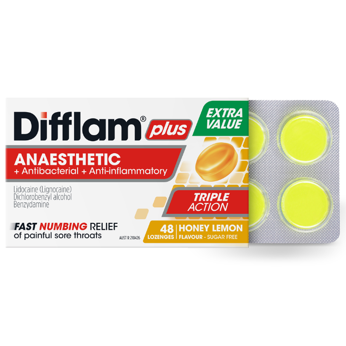 Difflam Plus Anaesthetic + Antibacterial + Anti-Inflammatory Honey Lemon Flavour 48 Lozenges