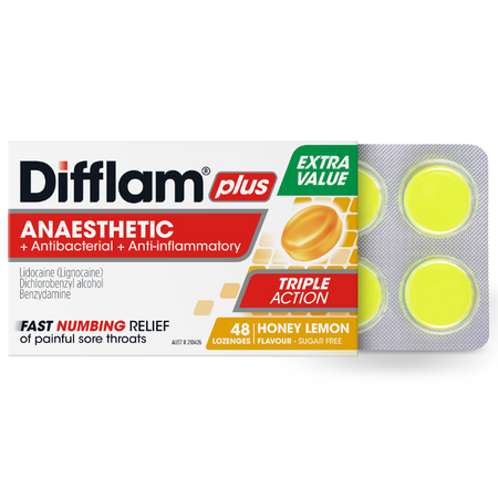 Difflam Plus Anaesthetic + Antibacterial + Anti-Inflammatory Honey Lemon Flavour 48 Lozenges