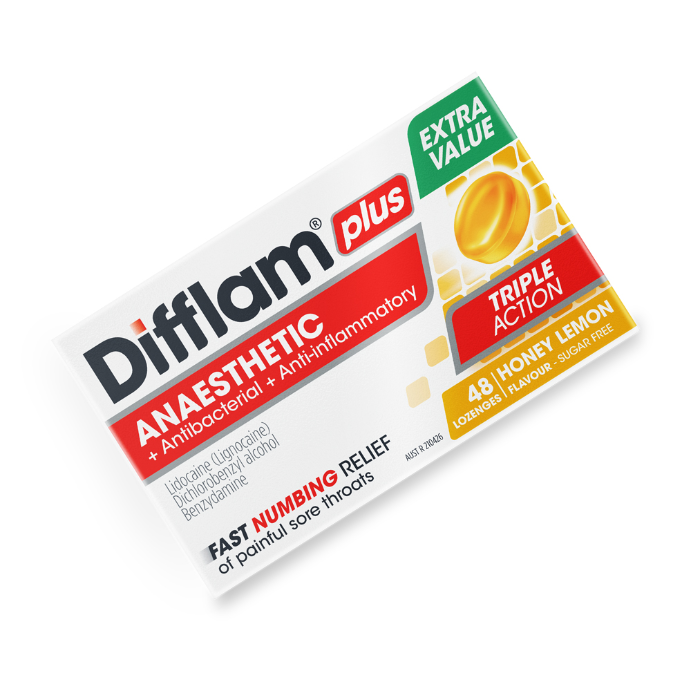 Difflam Plus Anaesthetic + Antibacterial + Anti-Inflammatory Honey Lemon Flavour 48 Lozenges