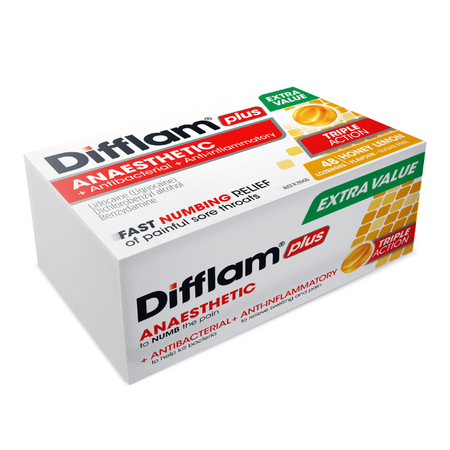 Difflam Plus Anaesthetic + Antibacterial + Anti-Inflammatory Honey Lemon Flavour 48 Lozenges