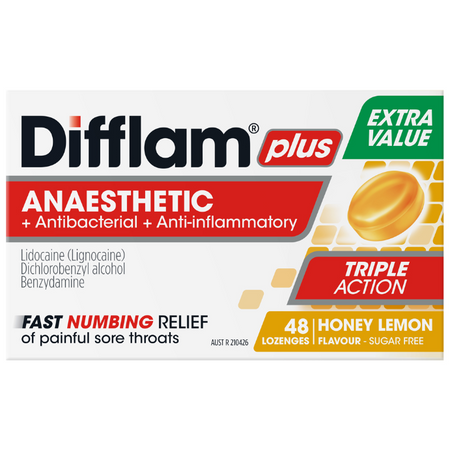 Difflam Plus Anaesthetic + Antibacterial + Anti-Inflammatory Honey Lemon Flavour 48 Lozenges