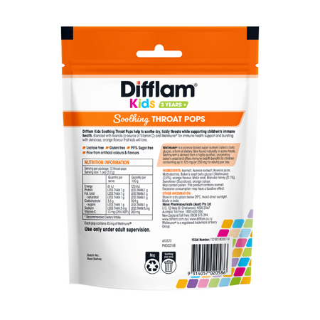 Difflam Kids 3 Years+ Soothing Throat Pops Orange Flavour 10 Pack