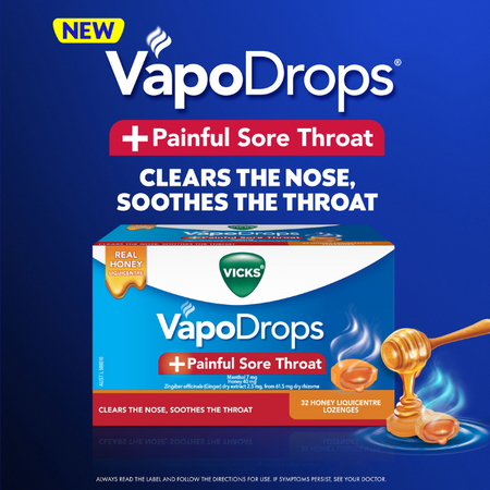 Vicks VapoDrops + Painful Sore Throat Honey Liquicentre 16 Lozenges