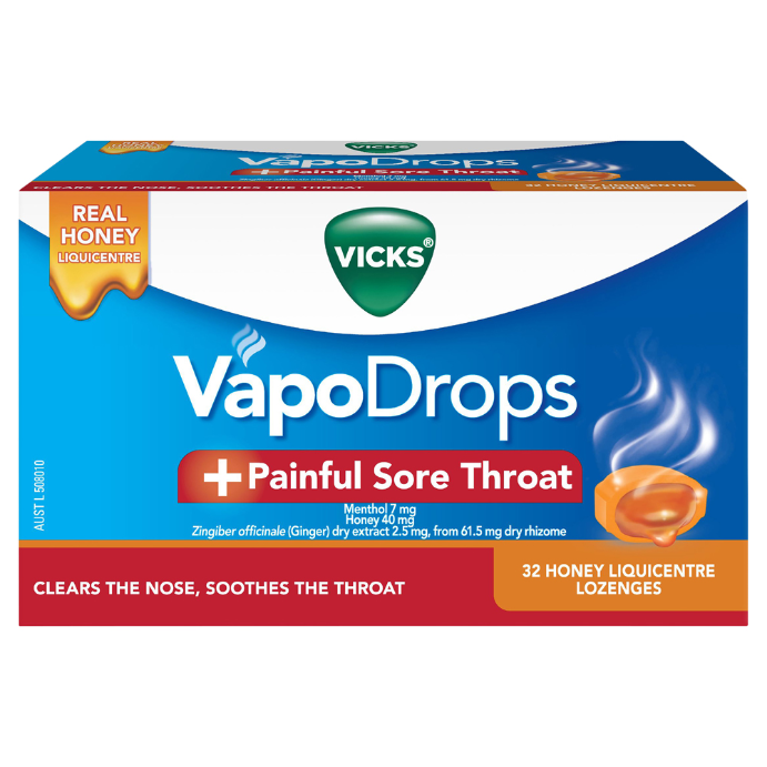 Vicks VapoDrops +Painful Sore Throat Honey Liquicentre 32 Lozenges