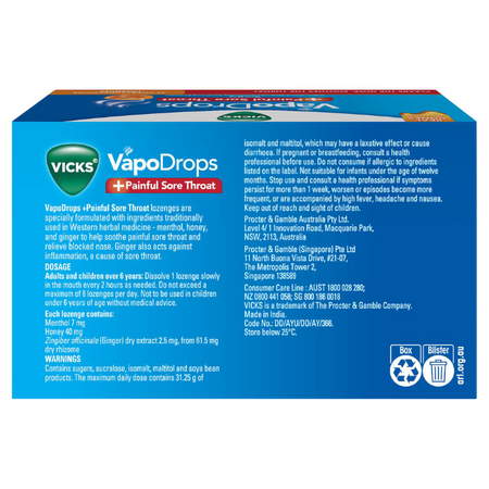 Vicks VapoDrops +Painful Sore Throat Honey Liquicentre 32 Lozenges