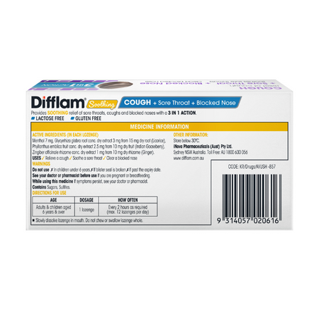 Difflam Soothing Cough + Sore Throat + Blocked Nose Blackcurrant Flavour 16 Lozenges