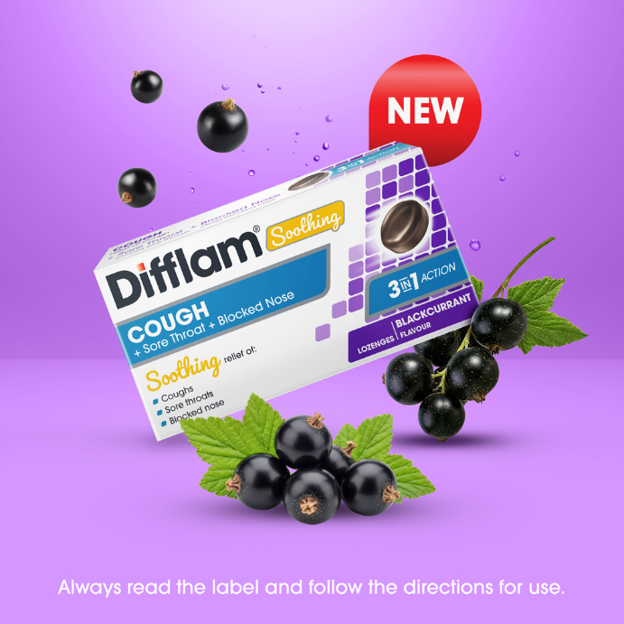 Difflam Soothing Cough + Sore Throat + Blocked Nose Blackcurrant Flavour 16 Lozenges