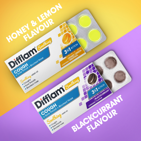 Difflam Soothing Cough + Sore Throat + Blocked Nose Blackcurrant Flavour 16 Lozenges
